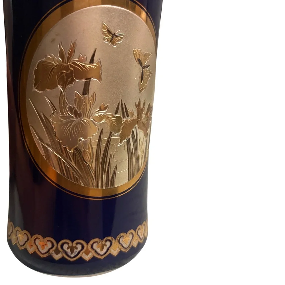 Chokin Art Vase Cobalt Blue Gold Silver Gilded Iris Butterfly Japanese Decor